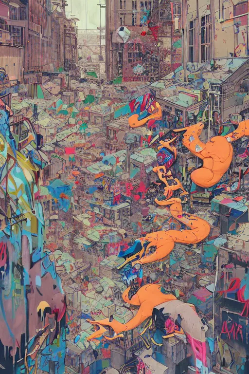 Prompt: people walking in a city covered with graffiti paint dripping down to the floor from the sky, professional illustration by james jean, painterly, yoshitaka Amano, hiroshi yoshida, moebius, loish, painterly, and artgerm, illustration