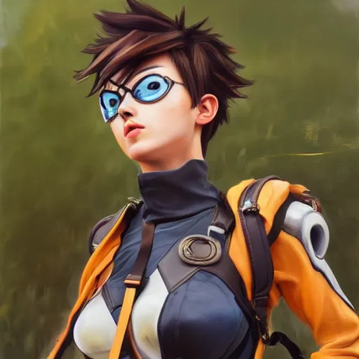 Image similar to oil painting of tracer overwatch in a field wearing large leather belt choker collar around neck, in style of mark arian, expressive face, detailed face, detailed eyes, full body, feminine face, tracer overwatch,