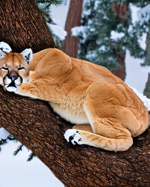 Image similar to magazine page showing 'a cougar sleeping in the middle of snowy pine tree' laying on coffee table, zoomed out shot, HD, iphone screenshot