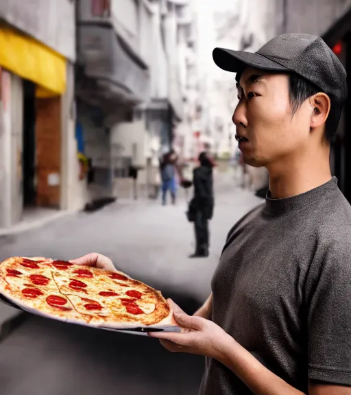 Prompt: suspicious pizza delivelery asian guy, dark building, deliver uniform, the place of the shooting, real life photo, 4 k, cyberpunk style, highly detailed, focus on face