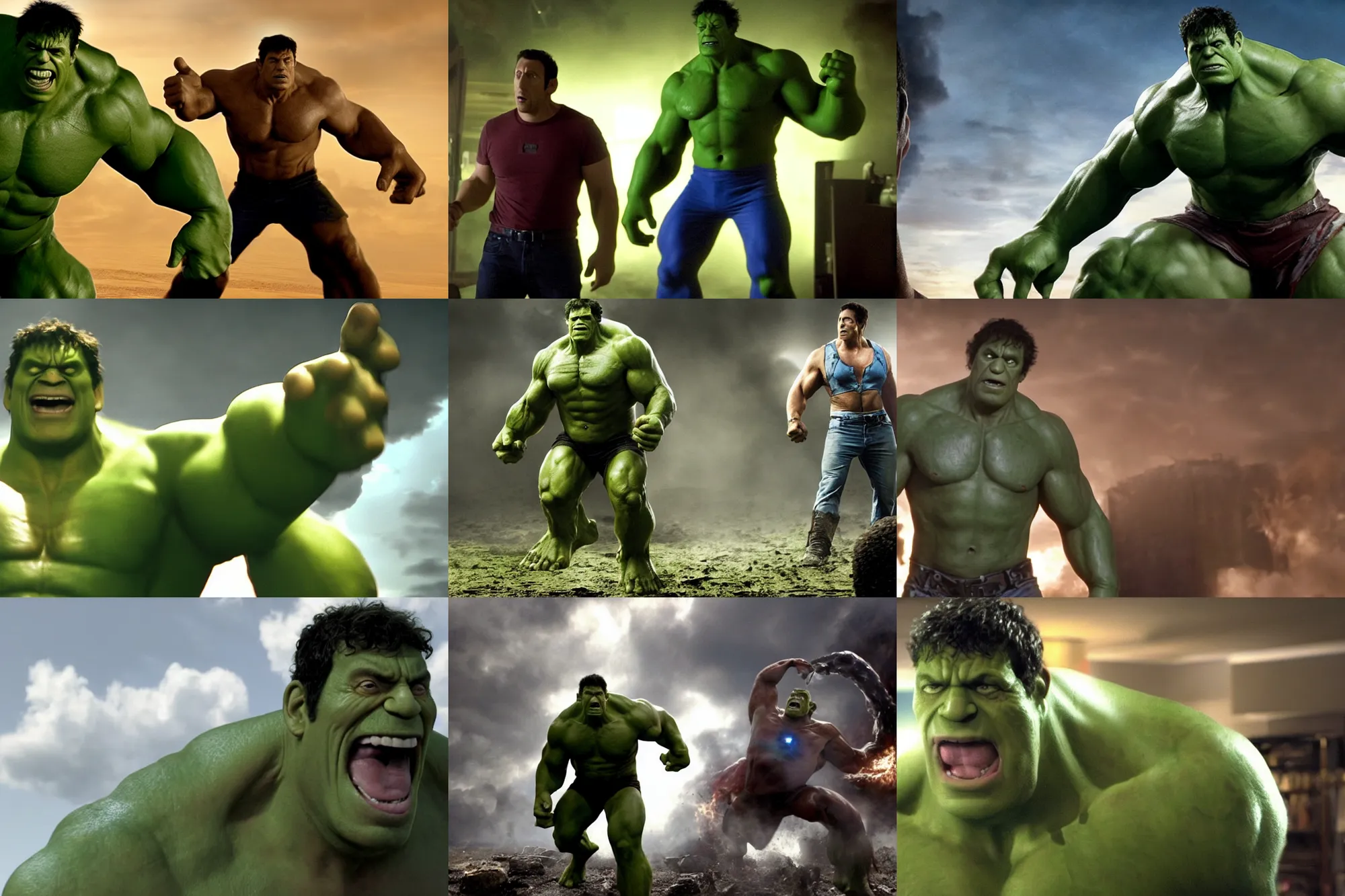 Prompt: adam sandler as the hulk in the avengers ( 2 0 1 2 ), cinematography