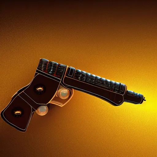 Image similar to a ray gun on a gold velvet background, unreal engine, 8k, masterpiece, Zdzislaw Beksinski and Zdzisław Beksiński