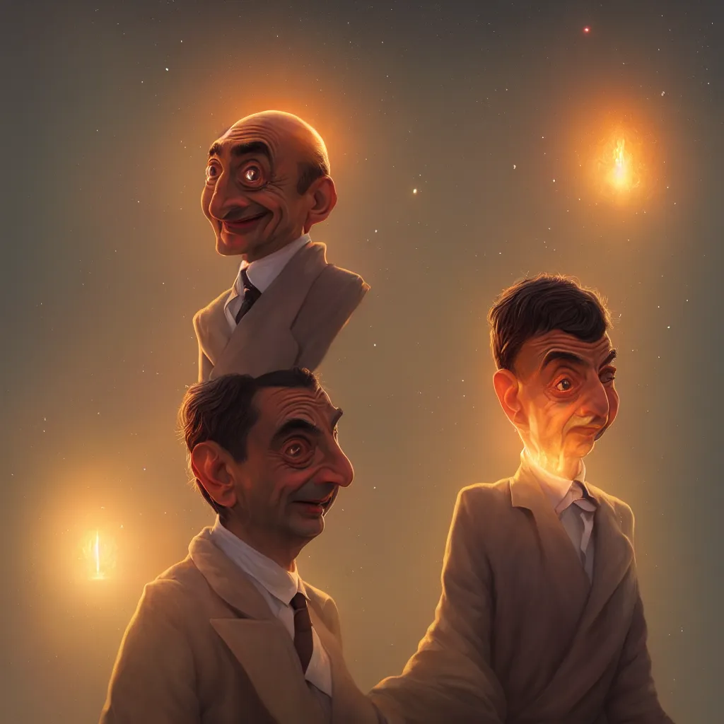 Prompt: Portrait of Mr Bean reaching enlightenment and becoming one with the universe, highly detailed, concept art, illustration, cinematic, artstation, digital painting, mystical, zen