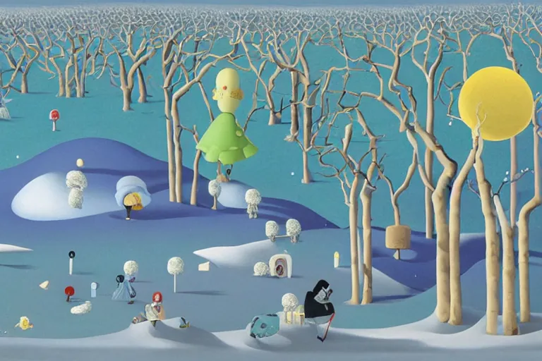 Image similar to A barren surreal winter landscape by Chiho Aoshima and Salvador Dali