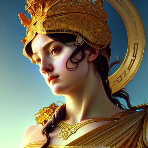 Image similar to ultra realistic illustration, a statue of a glorious goddess athena, intricate, elegant, highly detailed, digital painting, artstation, concept art, smooth, sharp focus, illustration, art by artgerm and greg rutkowski and alphonse mucha