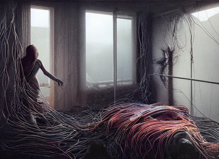 Image similar to rgb, woman, cinematic, movie scene, inspired by zdzislaw beksinski, new zealand landscape, clothes made out of veins,, cables everywhere, bedroom, ultra realistic, concept art, intricate details, highly detailed, photorealistic, octane render, 8 k