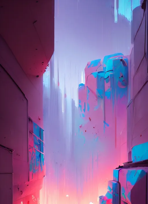 Image similar to matte painting extreme offset 3 d calligraphy graffiti mural dripping paint wall extreme explosive maximalism by atey ghailan, by greg rutkowski, by greg tocchini, by james gilliard, by joe fenton, pink, brown, black and light blue color scheme, octane render