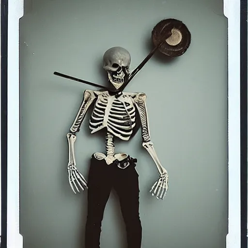 Prompt: skeleton drummer, wild, flash polaroid photo,