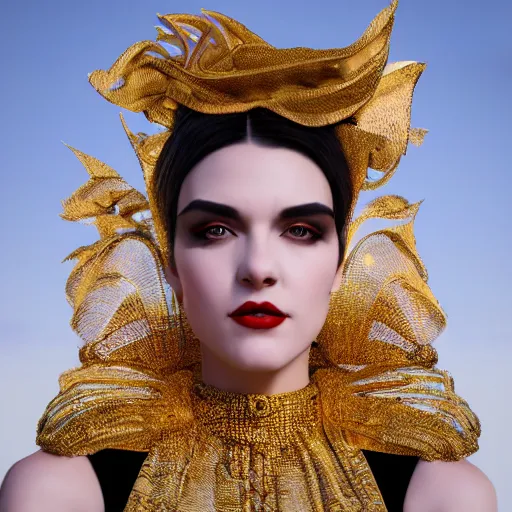 Prompt: innovative avant-garde art, deco fashion, royal theme, highly detailed, photorealistic portrait, golden hour, crisp quality and light reflections, unreal engine 5 quality render