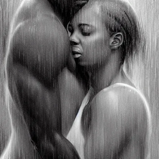 Image similar to african american man kissing and hugging a white blonde woman in the rain at a pool. digital painting, extremely detailed, 4 k, intricate, brush strokes, mark arian, artgerm, bastien lecouffe - deharme