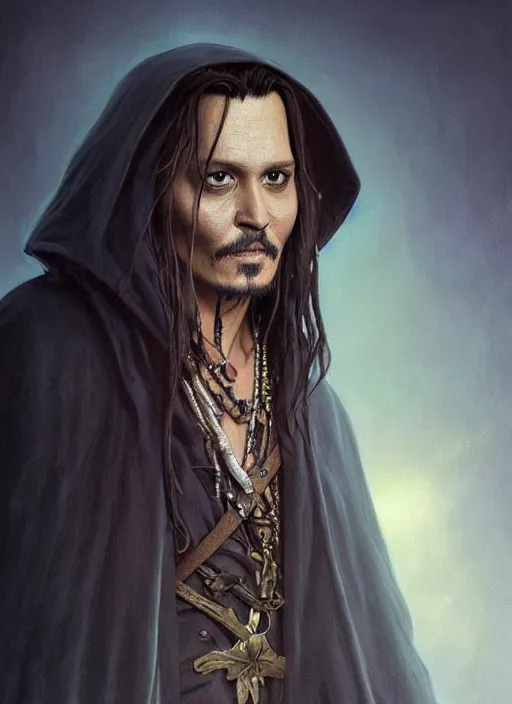 Image similar to Portrait of Johnny Depp, cloak, male, fantasy, extremely detailed, digital painting, artstation, concept art, smooth, sharp focus, illustration, stunning lighting, art by artgerm and greg rutkowski and alphonse mucha and simon stalenhag, realistic character concept, high fantasy, dark atmosphere, golden ratio, cinematic lighting, hyperdetailed, high resolution, insanely detailed and intricate, artstation, Marc Simonetti, Greg Rutkowski, 8k