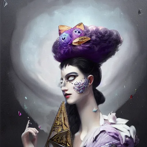 Image similar to picture generation, soft painting curiosities carnival, beautiful cat anthropomorphic in full long dress, accurate features, focus, very intricate ultrafine details, black white purple volumetric clouds, award winning masterpiece, octane render 8 k hd, tom bagshaw artstyle