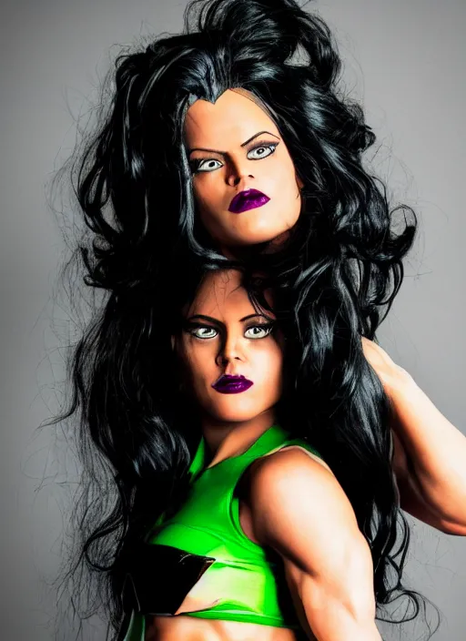 Image similar to a photo portrait of she hulk in high fashion new york, dramatic pose, by lara jade, dramatic lighting, 7 5 mm lens, sharp focus.