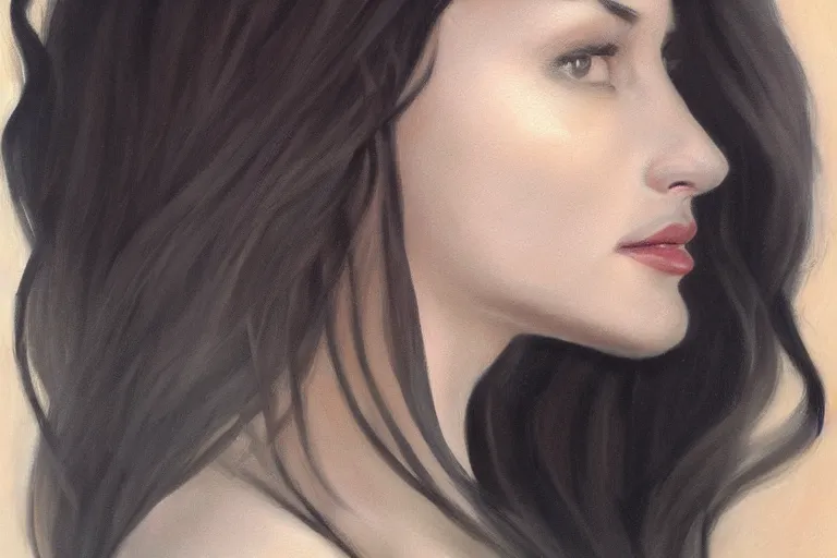 Prompt: a portrait of a beautiful woman, dark hair, 3/4 side view, matte painting, art by Olivia de Berardinis