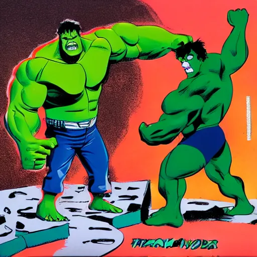 Prompt: fat chuck and the incredible hulk eating lunch. by frank miller