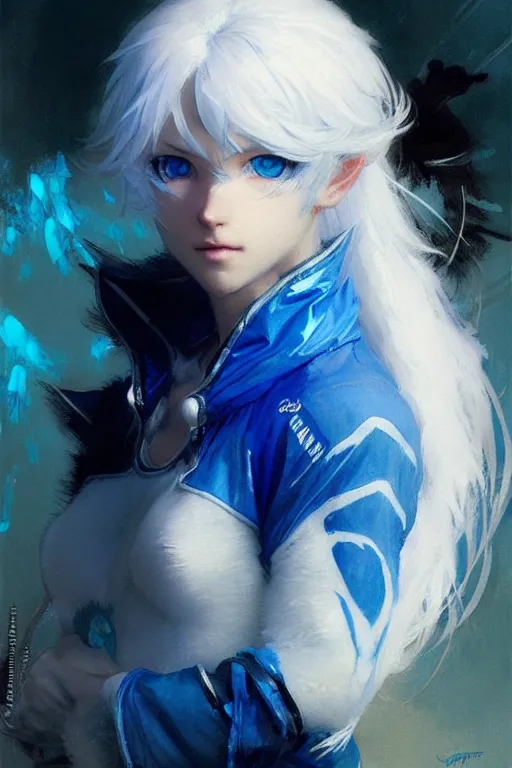 Image similar to white haired catgirl with bright blue eyes in sportswear portrait dnd, painting by gaston bussiere, craig mullins, greg rutkowski, yoji shinkawa