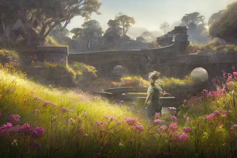 Prompt: Brutalist Shiro, Eden at Dawn, gleaming morning cinematic lighting, amazing cinematic concept painting, by Jessica Rossier, Himeji Rivendell Garden of Eden valley, wildflowers and grasses, terraced orchards and ponds, lush fertile fecund, fruit trees, birds in flight, animals wildlife