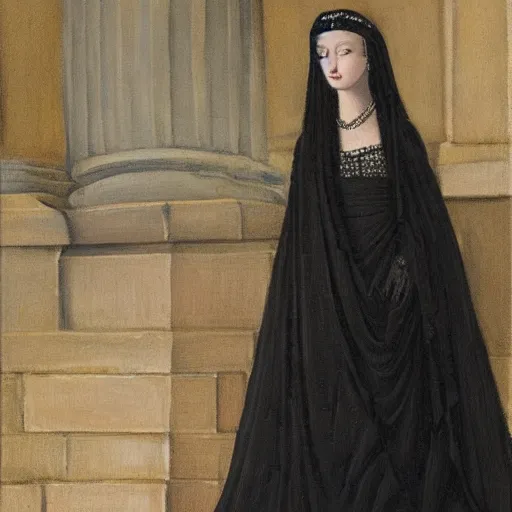 Image similar to an illustration of a queen wearing a beautiful black dress on a simple stone throne by john hawe, realistic, detailed, oil painting