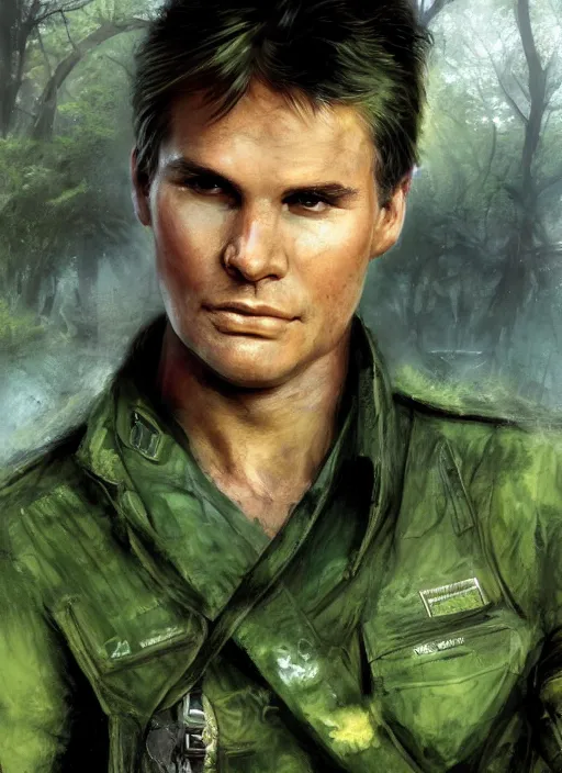 Prompt: portrait of a young richard dean anderson wearing a green combat uniform, in a post appocalyptic city overgrown by plants, by wlop, by luis royo, by greg rutkowski, cover illustration, concept art, volumetric lighting, volumetric atmosphere, sharp focus, octane render, trending on artstation, 8 k