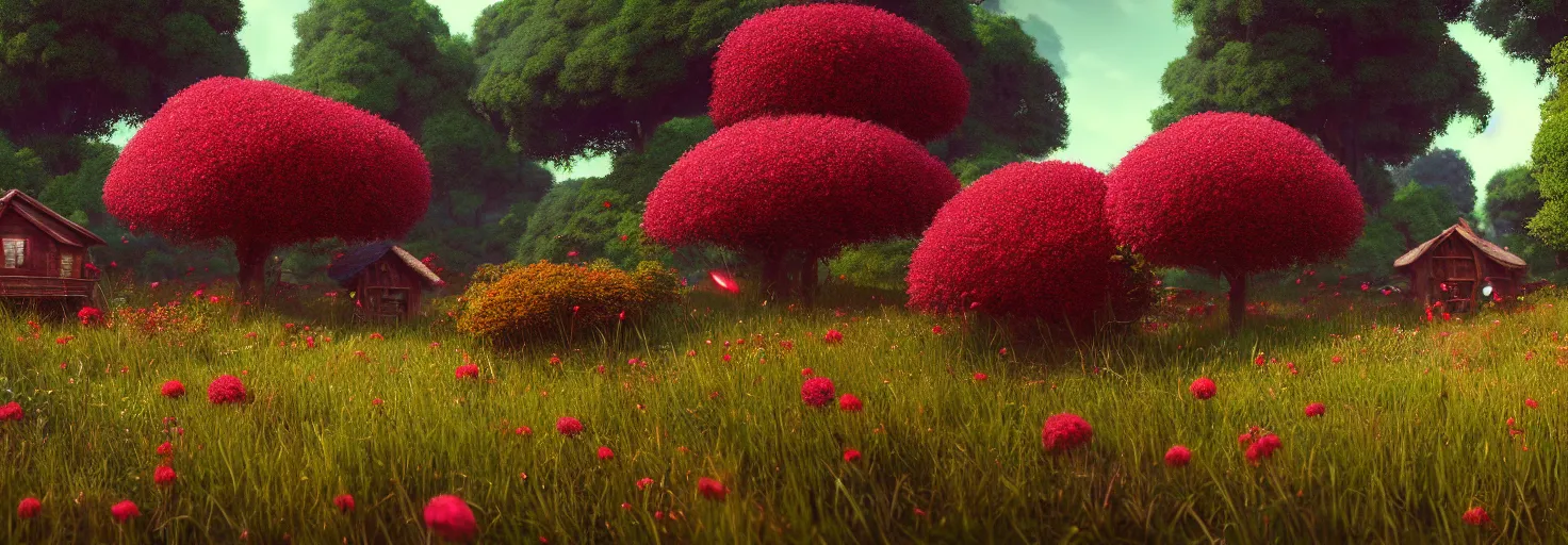 Image similar to crimson - black beehive, in a beautiful forest meadow village landscape, flowers, happy trees, photorealistic, octane render, rtx, hdr, unreal engine, digital art widescreen 8 k, studio ghibli, bob ross, pixar, bee movie, disney