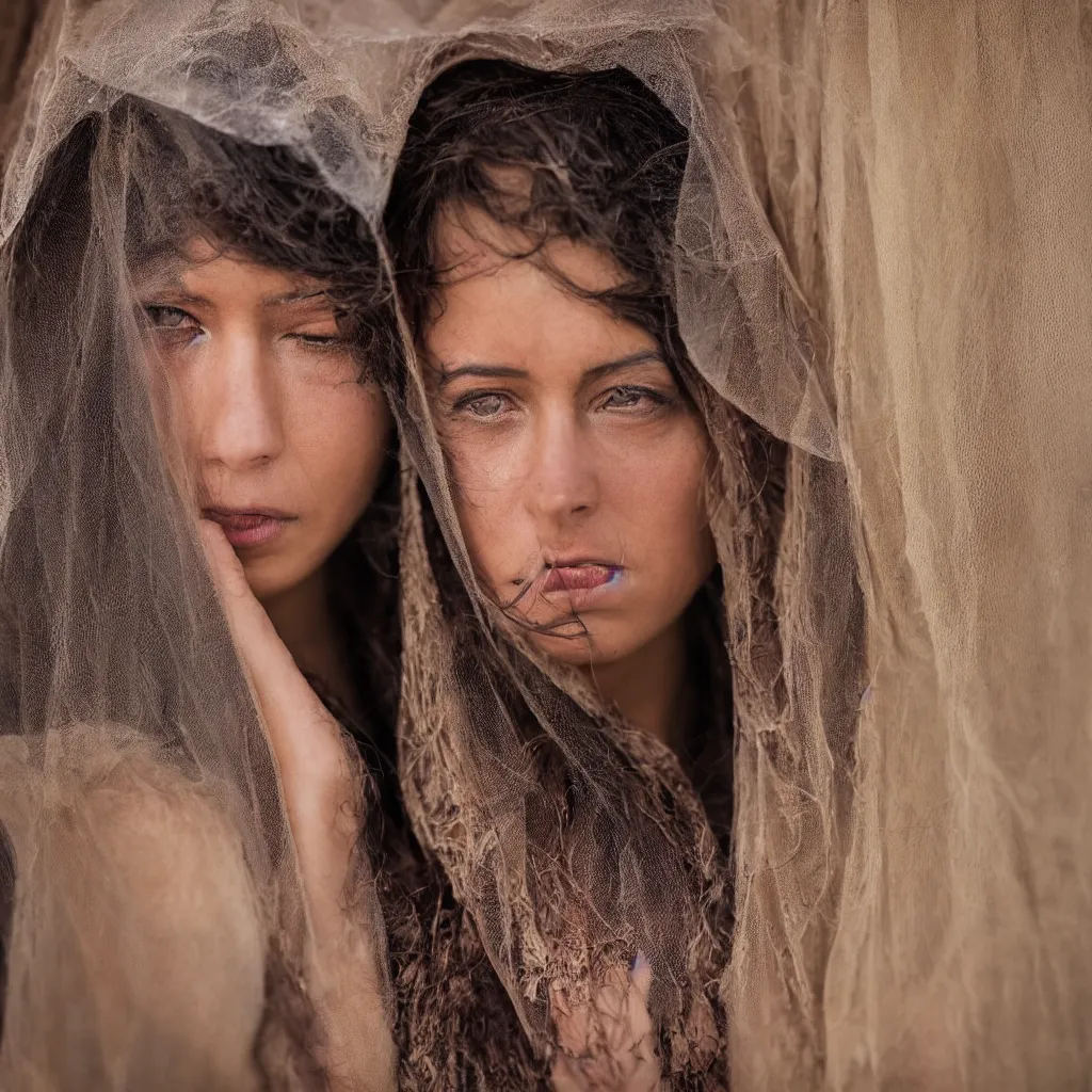 Image similar to highly detailed portrait fashion photography of a sad face gazing at the camera, wearing a velvet widow veil, in autumn, 135mm f5 at the Giza Pyramid