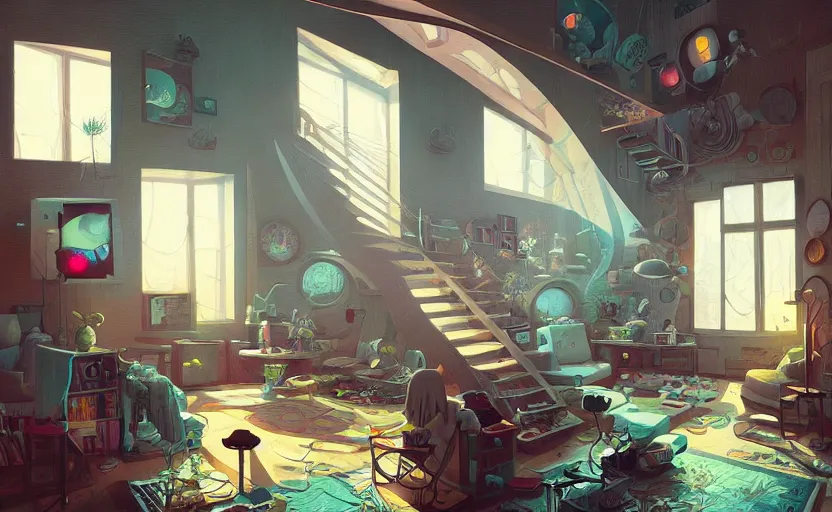 Image similar to Interior shot of a cozy loft by Petros Afshar and Beeple, James Gilleard, Mark Ryden, Wolfgang Lettl highly detailed