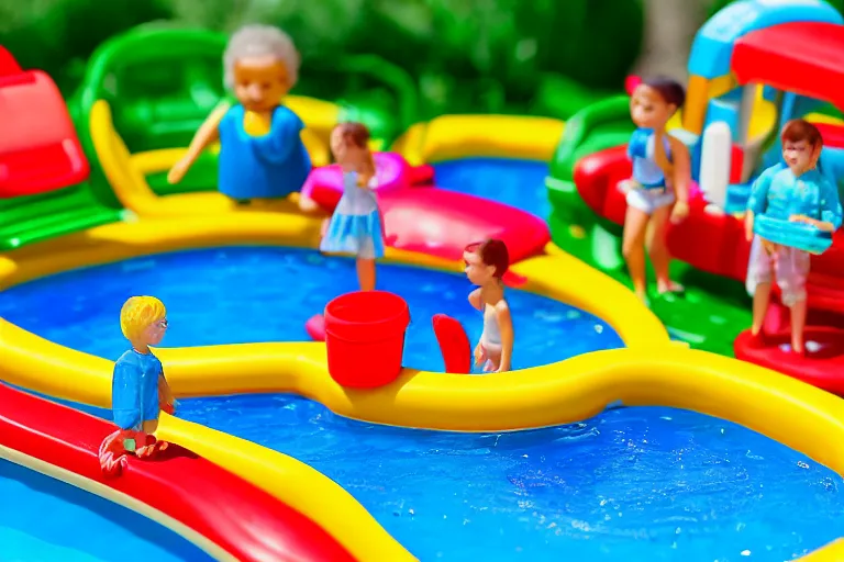 Image similar to fisher price public pool, california, in 2 0 1 5, 8 k, scene from tv show hyper detailed 5 5 mm 8 5 mm, toy photography, made out of plastic