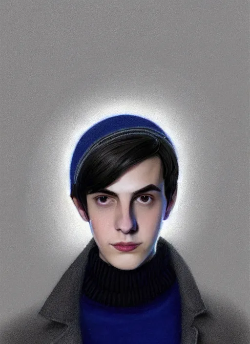 Image similar to portrait of teenage jughead jones wearing a light grey crown, crown, blue turtleneck, closed eyes, photorealistic, black hair, glowing lighting, intricate, elegant, glowing lights, highly detailed, digital painting, artstation, concept art, smooth, sharp focus, illustration, art by wlop, mars ravelo and greg rutkowski