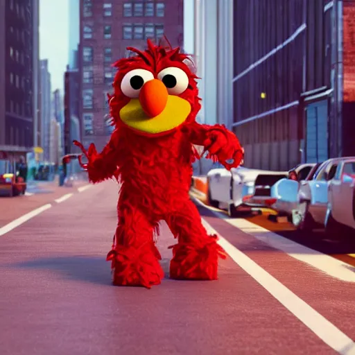 Prompt: of Elmo from sesame street dressed up as a rapper in New York City, highly detailed, 4K, moody lighting, 90’s vibe, 3d render, octane redshift, 8k