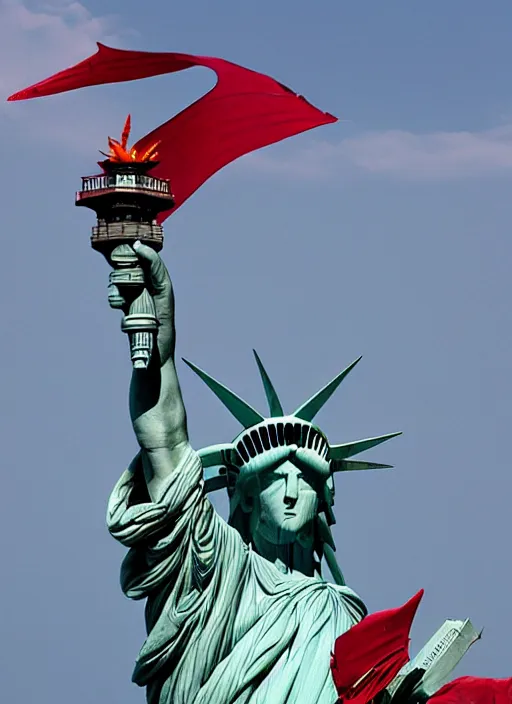 Image similar to red dragon under statue of liberty