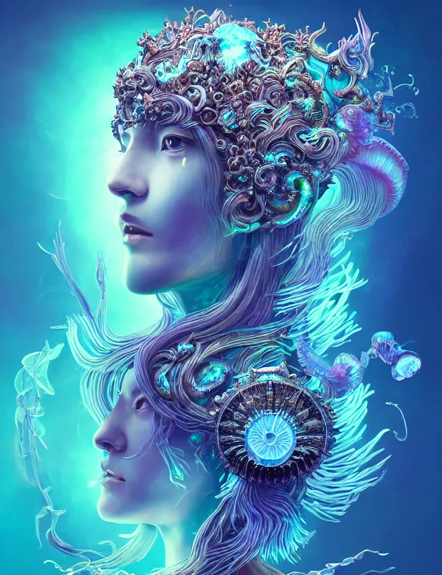 Image similar to goddess macro 3 / 4 profile portrait with crown made of ram skull. betta fish, jellyfish phoenix, bioluminiscent, plasma, ice, water, wind, creature, super intricate ornaments artwork by tooth wu and wlop and beeple and greg rutkowski