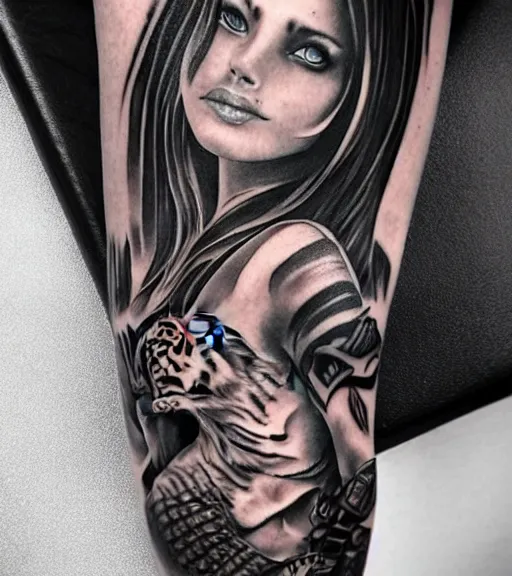 Image similar to tattoo design of a beautiful girl warrior under a tiger head, hyper realistic, realism tattoo, by eliot kohek, beautiful eyes, realistic face, black and white, white background