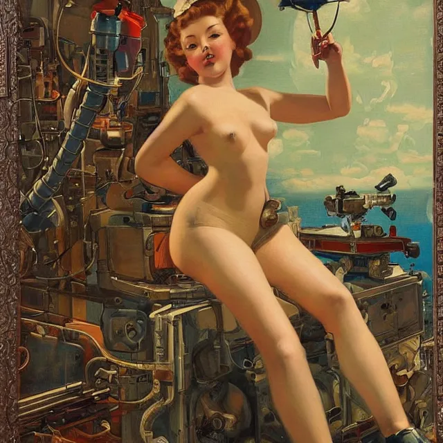 Image similar to robot artist painting a self - portrait on a canvas. intricate, highly detailed, digital matte painting, in the style of alexandros pyromallis, and in the style of hans thoma, and in the style of gil elvgren. irony, recursion, inspiration.