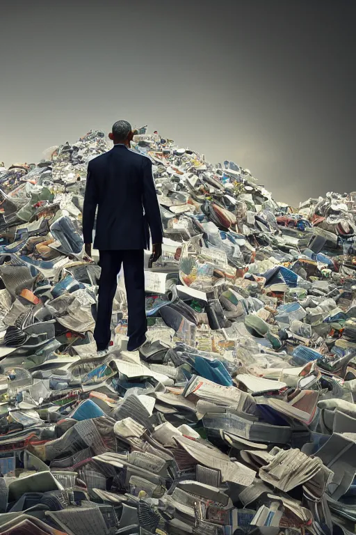 Prompt: obama nervously standing by a mountain of papers, cybertronian, long shot, cinematography by wes anderson, 4 k octane render, intricate detail, photorealistic, cinematic lighting, artstation