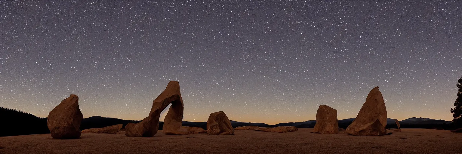 Image similar to to fathom hell or soar angelic, just take a pinch of psychedelic, medium format photograph of two colossal minimalistic necktie sculpture installations by antony gormley and anthony caro in yosemite national park, made from iron, marble, and limestone, granite peaks visible in the background, taken in the night