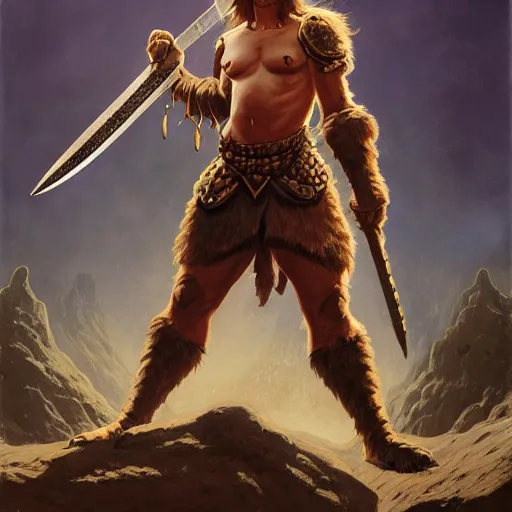 Image similar to ( ( ( full length portrait of tabby tabaxi warrior, halberd poleaxe ) ) ), d & d, tyler jacobson, greg rutkowski, frank frazetta, alexandre chaudret, boris vallejo, michael whelan, miro petrov, magali villeneuve, donato giancola