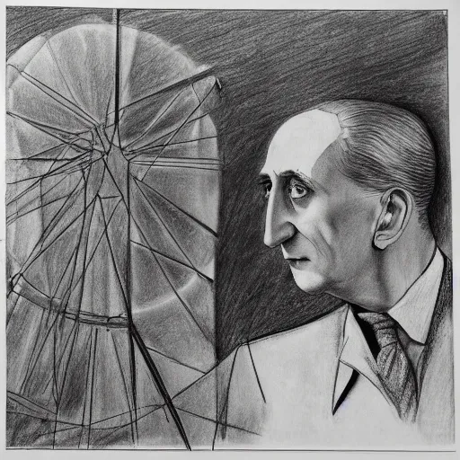 Image similar to an unfinished drawing of Marcel Duchamp looking at a complex machine, hyperdetailed and line drawing