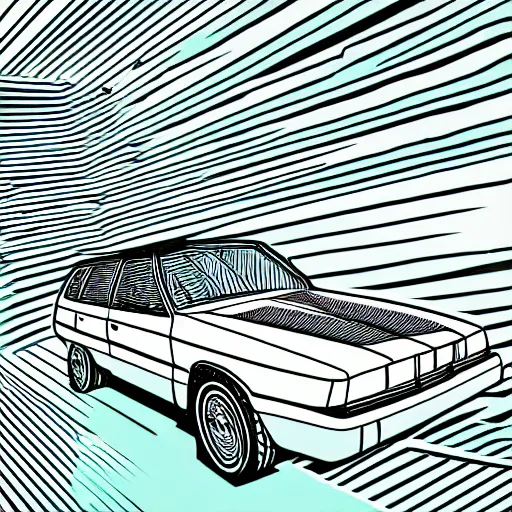 Image similar to vaporwave line art illustration of an 8 0 s station wagon driving during sunset. digits art