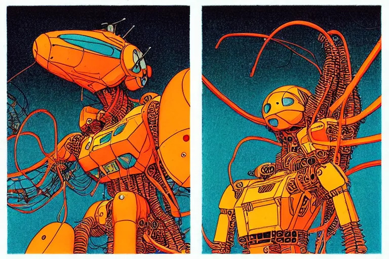 Prompt: risograph grainy drawing vintage sci - fi, satoshi kon color palette, gigantic gundam full - body covered with human bodies and wires, with lot tentacles, codex seraphinianus painting by moebius and satoshi kon and dirk dzimirsky close - up portrait