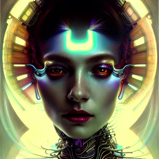 Image similar to extremely psychedelic beautiful cyborg queen of virus infected by night. intricate, elegant, highly detailed, extremely lifelike photorealistic digital painting, artstation. steichen, gaston bussiere, tom bagshaw, cyberpunk alphonse mucha. elegant minimalism. anatomically correct. sultry. sharp focus. white. surreal lush hallucination