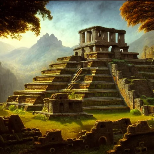 Prompt: a beautiful and highly detailed matte painting of aztec ruins in the mountains, thick mist, sunlight, celtic, psychedelic, epic scale, insanely complex, hyperdetailed, sharp focus, hyperrealism, artstation, cgsociety, 8 k, bright colors, by caspar friedrich, albert bierstadt, james gurney, brian froud,