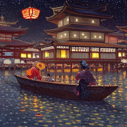 Image similar to view from the river of a beautiful painting of the lantern festival in a town resembling old kyoto and old town prague, at night with a sky full of stars, intricate, elegant, highly detailed, digital painting, artstation, concept art, by krenz cushart and artem demura and alphonse mucha