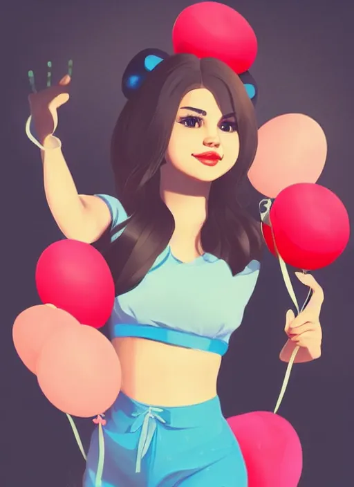 Image similar to woman resembling selena gomez at a birthday party wrapping mickey ears. balloons. clean cel shaded vector art. shutterstock. behance hd by lois van baarle, artgerm, helen huang, by makoto shinkai and ilya kuvshinov, rossdraws, illustration,