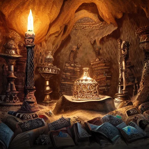 Image similar to epic view of an ancient dark byzantine cave interior, ornate oil lamp on a pile of crystals, books covered in jewels, ornate, surrounded by strange statues and treasure, full of sand and glitter, hyper real, Indiana Jones, Tomb Raider, trending on artstation, concept art, cinematic, jewels, hyperrealistic