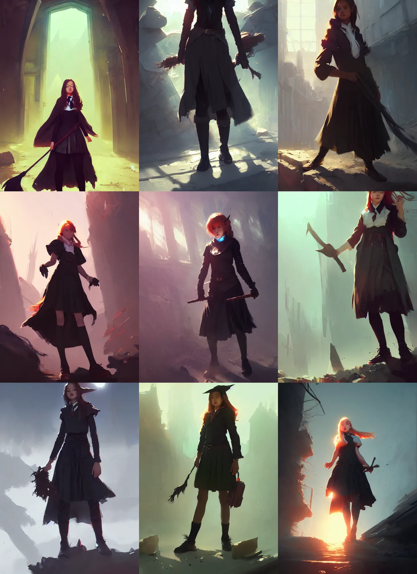Prompt: student female witch school uniform, exploring abandoned desolate city, lens flare, illustration, masterpiece, digital painting, concept art, trending on artstation, art by ruan jia and wlop and greg rutkowski