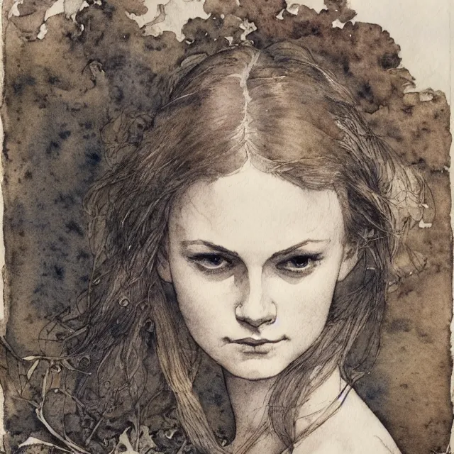 Prompt: a detailed, intricate watercolor and ink portrait illustration with fine lines of young 1 4 year old anna paquin looking over her shoulder, by arthur rackham and edmund dulac and lisbeth zwerger