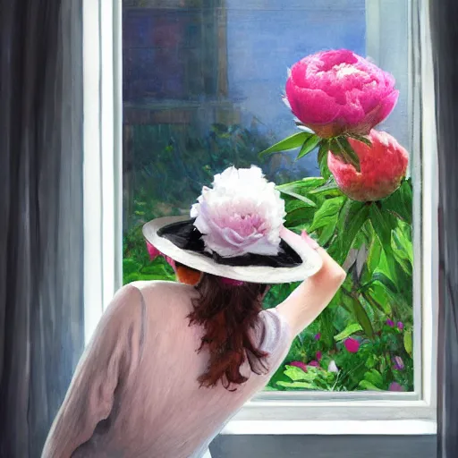 Image similar to a girl in a hat with peonies looks out the window at a blooming garden, rear view, art by vrubel, highly detailed, digital painting, artstation, matte, sharp focus