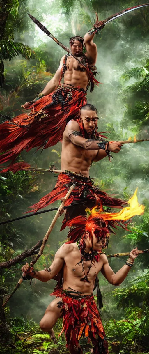 Image similar to young man, flaming hair, indigenous body paint and clothing, Amazon rainforest background, crescent moon, night, angry, red eyebrows, action pose, holding spear, in the style of Fenghua Zing and Ruan Jia and Jeremy Looking and Peter Mohrbacher