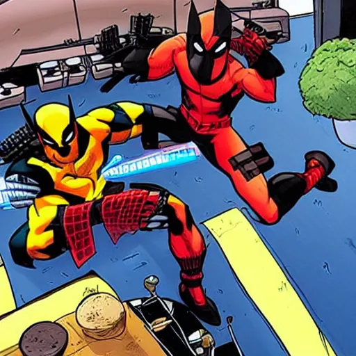 Prompt: Wolverine and Deadpool playing a videogame on board of a spaceship