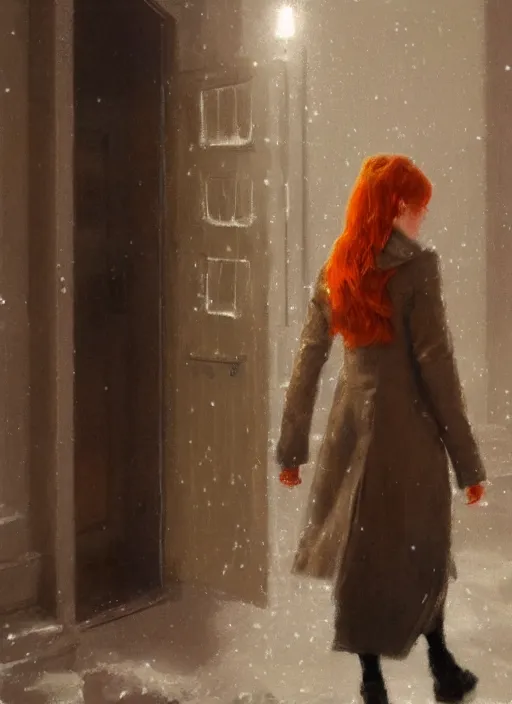 Image similar to back of emma stone in beige coat, orange hair, walking into new york apartment building in winter, opening door, building entrance, artwork by gaston bussiere, craig mullins, trending on artstation